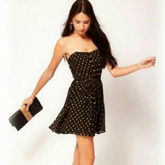 Greylin Black & Gold Pattern Strapless Silk Dress - Picture 1 of 5